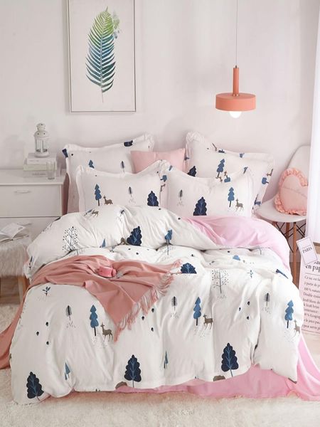 

4pcs duvet cover set cute forest deer printed comfy supple washable cotton bedding set