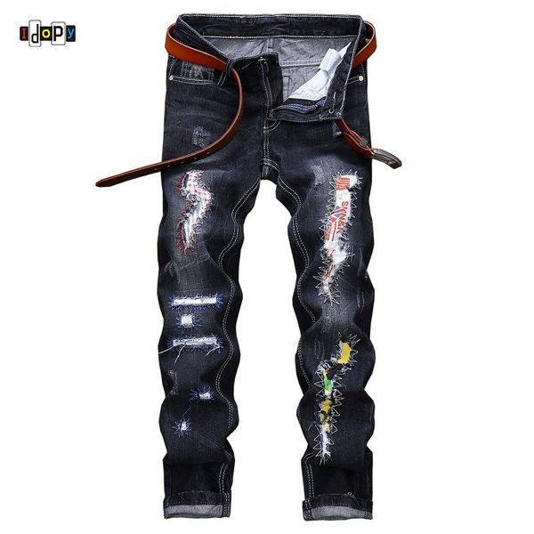 

idopy 2018 arrival new men jeans street ripped jeans patch straight beggar patch blue mens plus size 28-42