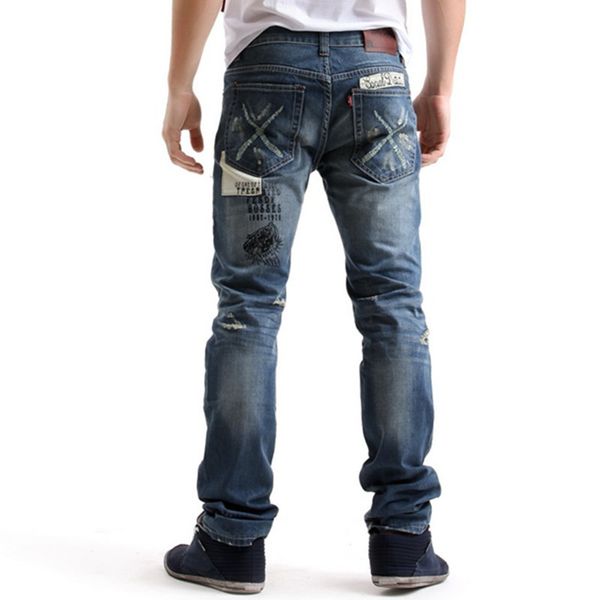 

fashion mens jeans ripped men jeans cuffs designer straight patchwork mens denim pants not low quality no belt mj020, Blue