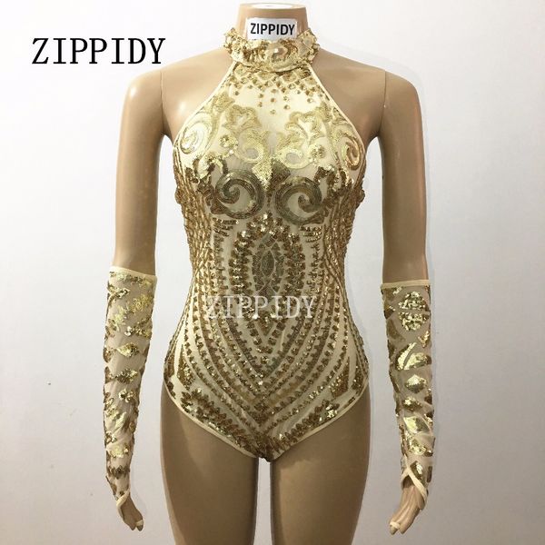 Glisten Gold Sequins Bodysuit Юбка набор Женский натягивающий leotard Outfit Long Train Nightclub Костюм 2 штук одежда набор