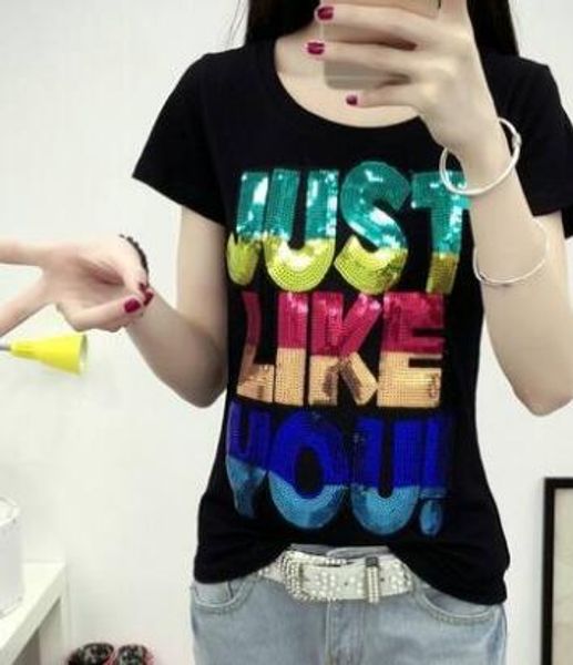 

fashionable 2018 shipping and large size letters creative simple design, generous loose sequins t-shirts, summer ilxso, Black