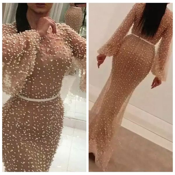 

2019 sheer long sleeves mermaid prom dresses full pearls beaded slim custom vestidos de soiree middle east arabic evening party gowns, Black