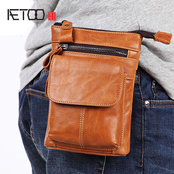 

aetoo men's pockets leather belt mobile phone bag with shoulder straps first layer cowhide multi-function business bag