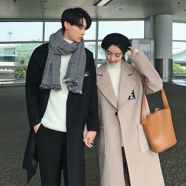 

winter boutique new men's youth temperament solid color simple loose casual woolen coat warm large size thick personality, Black