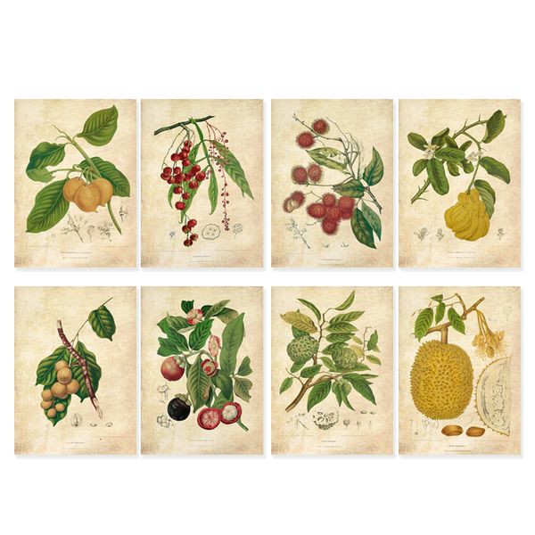 

vintage green leaves fruits watercolor style art prints 8 in 1/ botanical wall art plant decor green plant leaf
