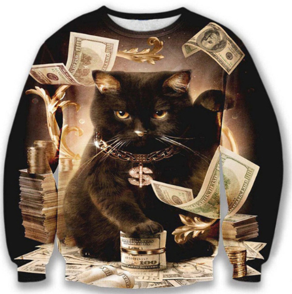 

fashion men/women big dollars cat and golden flowers funny 3d printed sweatshirt summe style fashion casual sweatshirt b08, Black