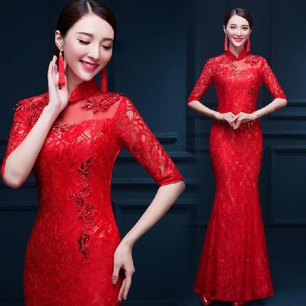 

trailing lace red chinese wedding dress lady slim vintage bridesmaid cheongsam traditional dresses for women evening qipao 90