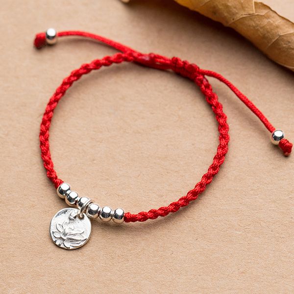 

925 lotus flowers pendant woven red rope bracelet silver bead elephant lucky adjustable bracelet handmade jewelry, Golden;silver