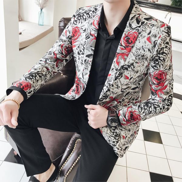 

rose flower jacquard blazer men pattern suit jacket business causal 2018 men slim fit blazers 2 button wedding party prom blazer, White;black