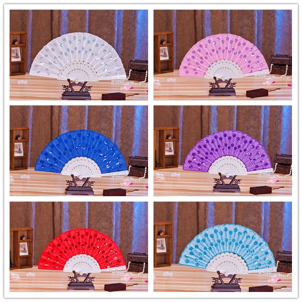 

dhl 100pcs ladys lace folding fan spanish embroidered sequins hand fan"peacock showing expectations of love" wedding dance party l