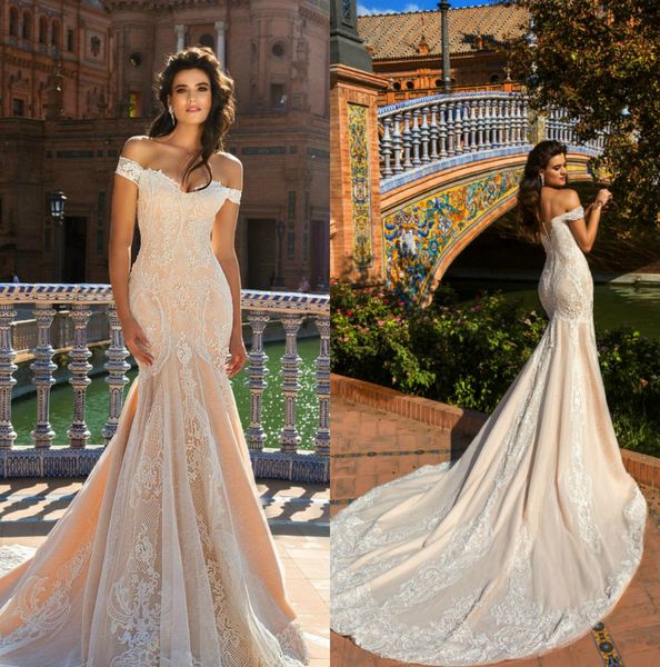 

mermaid wedding dresses off the shoulder lace appliques sweep train back bohemian wedding dress vestido de novia bridal gowns, White