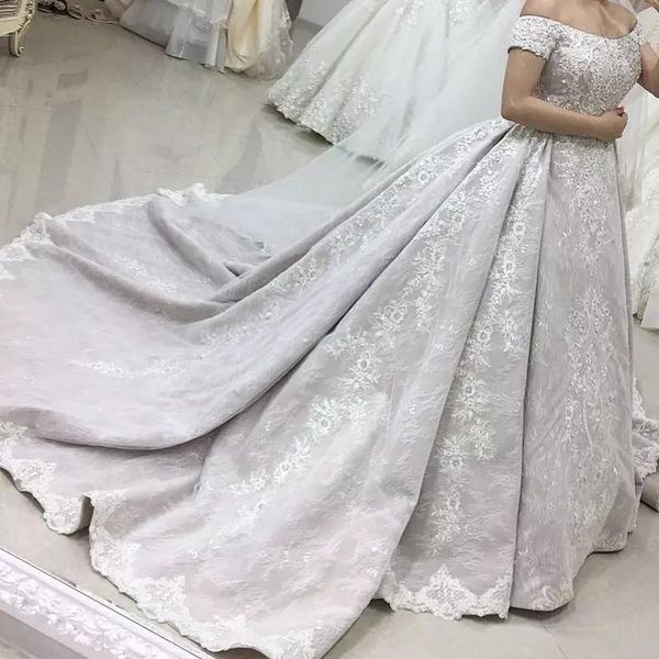 

dubai glamorous cloud-blue wedding dress beads applique off shoulder lace ball gowns bridal dresses custom made princess wedding gowns, White