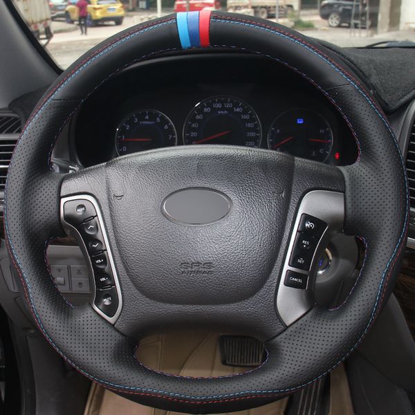 

black genuine leather suede hand-stitched car steering wheel cover for hyundai santa fe 2006-2012