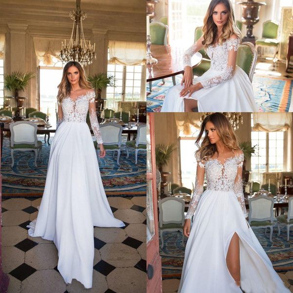 

fancy 2018 a line wedding dresses with sleeve beautiful illusion floral chiffon beach bridal gown summer country style robe de mariÃ©e, White