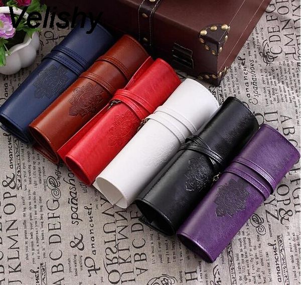 

velishy 1 pcs women vintage roll leather purse makeup cosmetic pen pencil brush bag case pouch