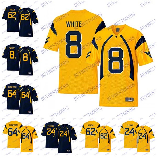 

ncaa wvu west virginia mountaineers 24 maurice fleming 64 mark glowinski 8 kyzir white 62 kyle bosch navy gold college football jerseys, Black;red