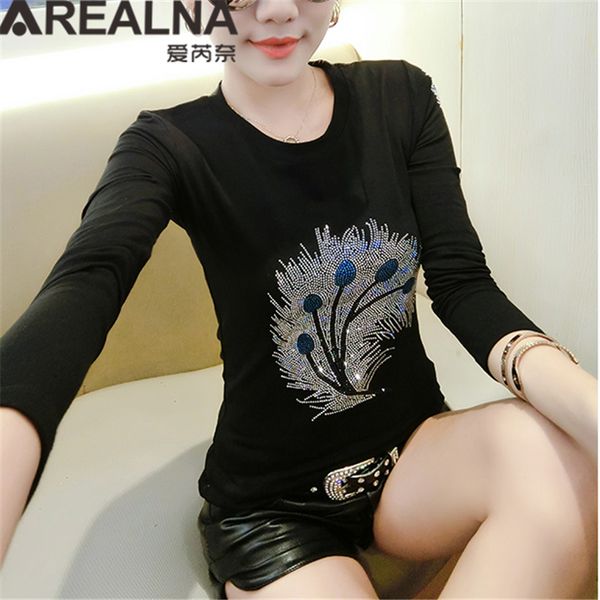 

2018 fall korean rhinestone peacock tees white cotton long sleeve women t shirt harajuku sequin ladies vogue camisetas