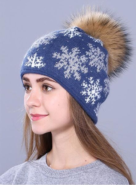 Natural mink pom poms lã pele de coelho de malha chapéu de natal neve skullies chapéu de inverno para as mulheres meninas chapéu feminino