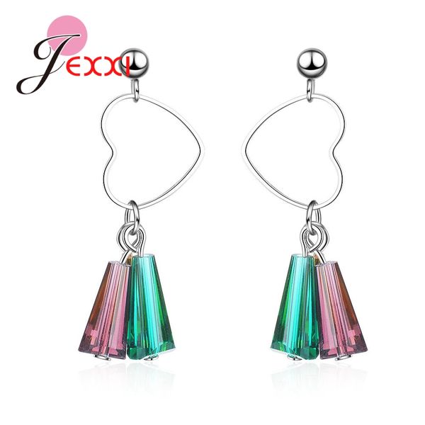 

jexxi korean lovely heart design earrings with geometric colorful crystal pure 925 sterling silver dangle earrings women brincos
