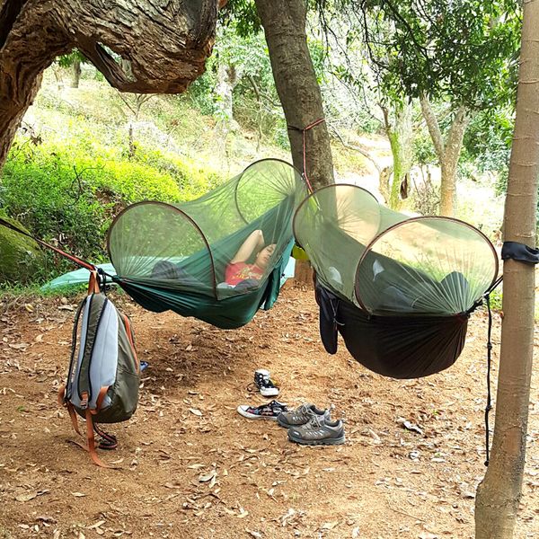 

2018 new portable high strength parachute fabric camping hammock hanging bed with mosquito net sleeping hammock