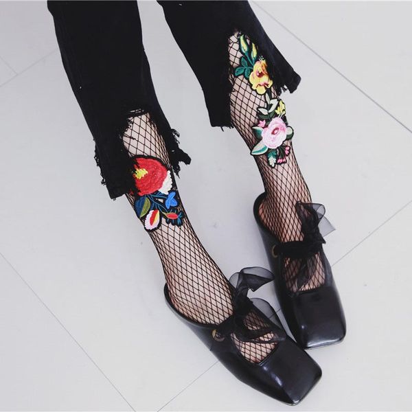

cosplacool]new embroidery flowers pattern pantyhose fishnet harajuku tights women mesh meias hollow fish net stockings, Black;white