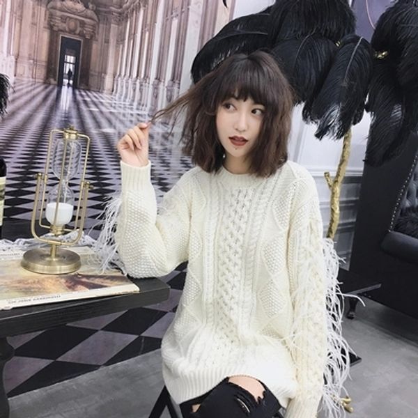 

2018 autumn and winter new pullover loose feather sweater cs2, White;black