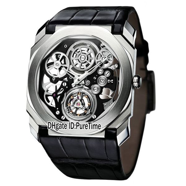 

new 42mm octo finissimo tourbillon 102719 bgo40pltbxtsk steel case skeleton dial mechanical hand winding mens watch leather watches bgt06a1, Slivery;brown