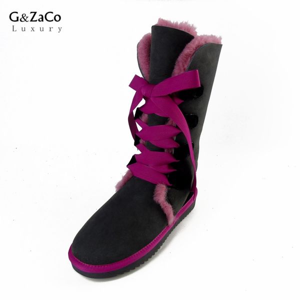

g&zaco luxury winter knee high sheepskin snow boots natural wool sheep fur boots strap sweet bow women long boots flats shoe, Black