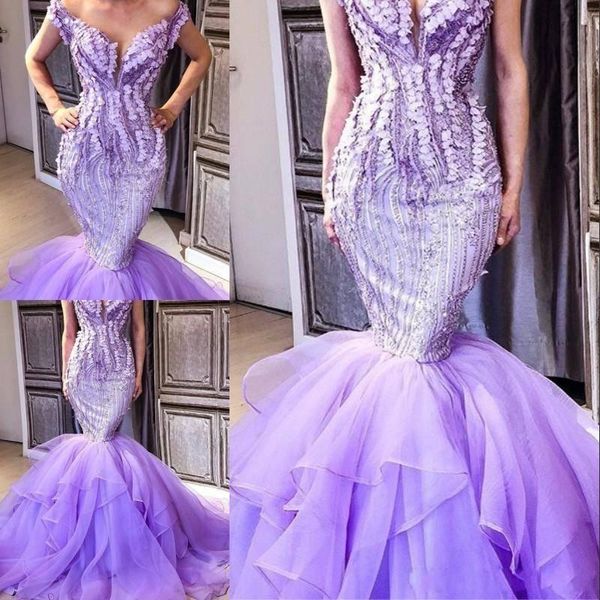 

light purple mermaid prom dresses saudi arabia cap sleeve evening gowns tiered sweep train women formal party dress custom made, Black