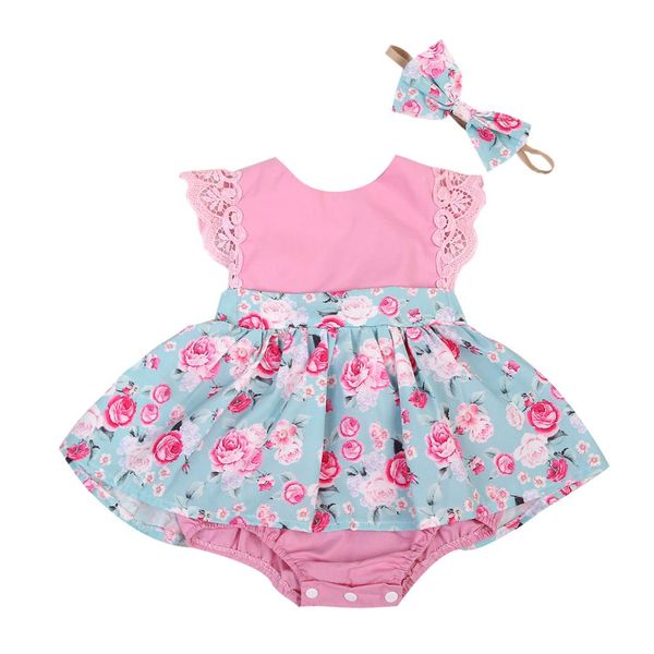 

emmababy baby girl lace romper sleeveless cute summer clothes party baby girls kids romper dress clothing tops floral princess, Blue