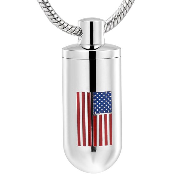 

wholesale usa flag cylinder urn pendant necklace for human's pet's ashes keepsake holder bullet locket memorial necklace, Silver
