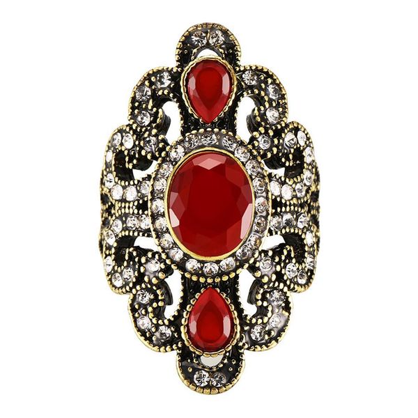

xiufen retro ethnic-style carving ring for women with artificial gem hollow-out finger ring ornament gift, Golden;silver