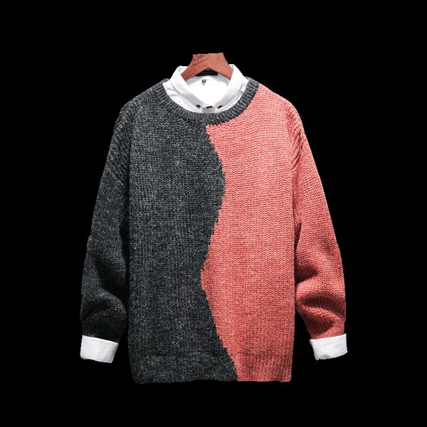 

mens sweaters wool warm pullovers autumn winter knitted long sleeve round neck male stitching sweater clothing 5xl, White;black