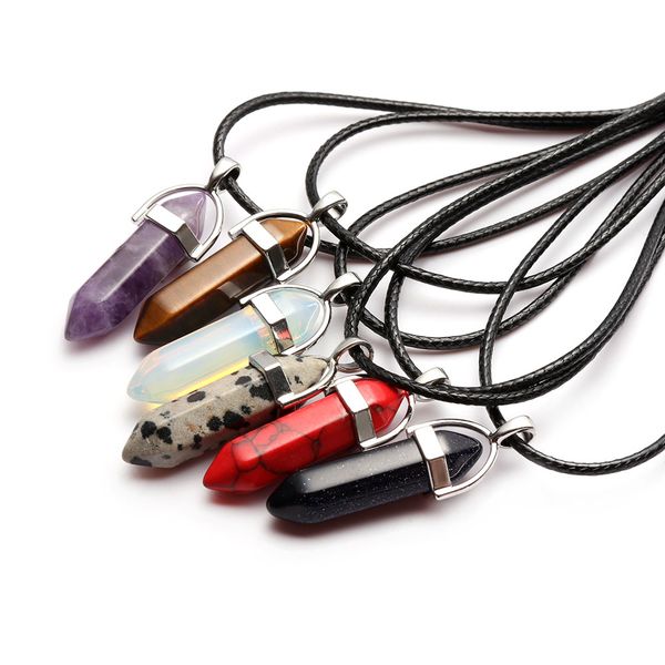 

hexagonal multi color chakra necklace natural crystal quartz column gem stone turquoises pendant leather chains women jewelry, Silver