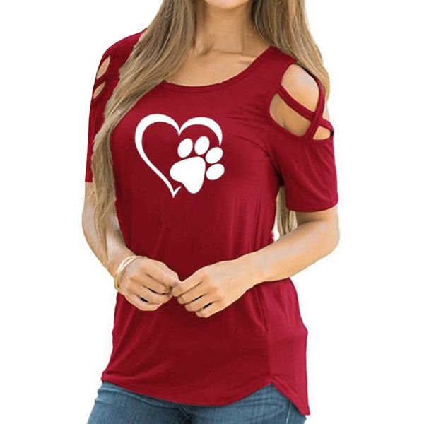 

women heart cat foot printed t shirt cross cold shoulder loose summer casual ladies solid t-shirt tee shirt femme, White