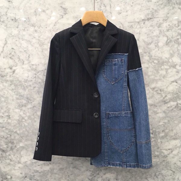 

high street new fashion 2018 designer blazer jacket women's denim patchwork novelty asymmetrical blazer outer wear runway, White;black