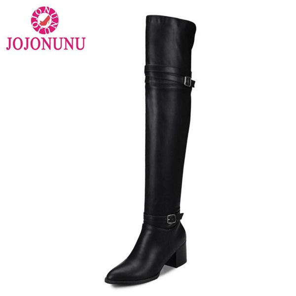 

jojonunu plus size 32-48 women warm high heel boots fashion buckle winter fur shoes women pointed toe thigh high boots, Black