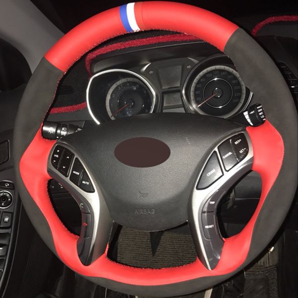 Red Genuine Leather Black Suede Hand Stitched Car Steering Wheel Cover For Hyundai Elantra 2011 2016 Avante I30 2012 2016 Studded Steering Wheel Cover