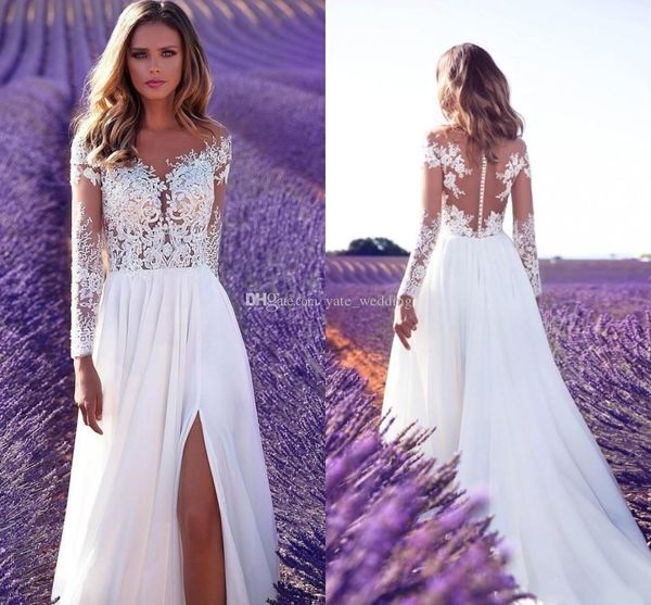 

2019 Sexy Summer Beach Wedding Dresses Sheer Neck Illusion Bodice Long Sleeves Appliques Chiffon Split Wedding Gowns Elegant Bridal Dresses
