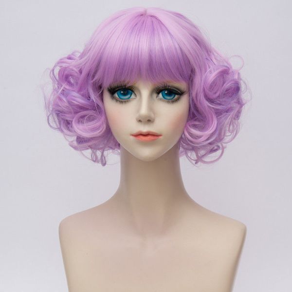 

purple middle part short blow out fancy curly wave lady cosplay costume wigs, Black
