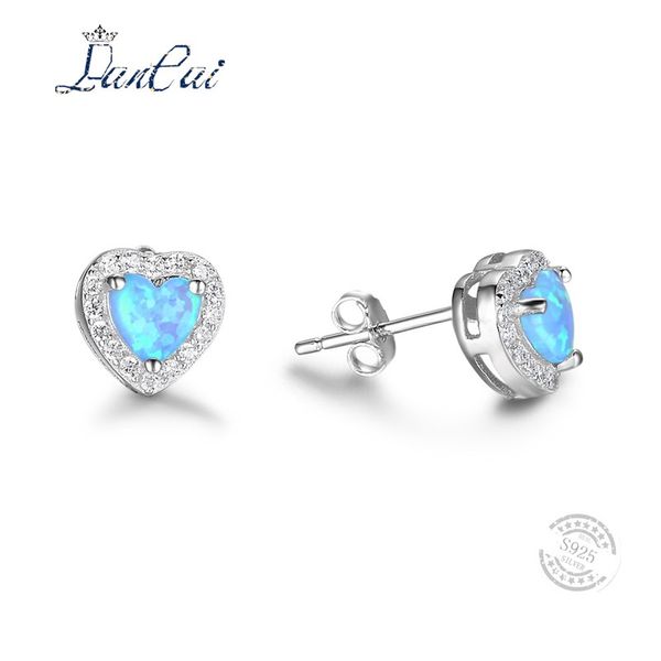 

lancai 925 sterling silver stud earrings love heart blue fire opal inlaid white zircon fine jewelry for girl party, Golden;silver