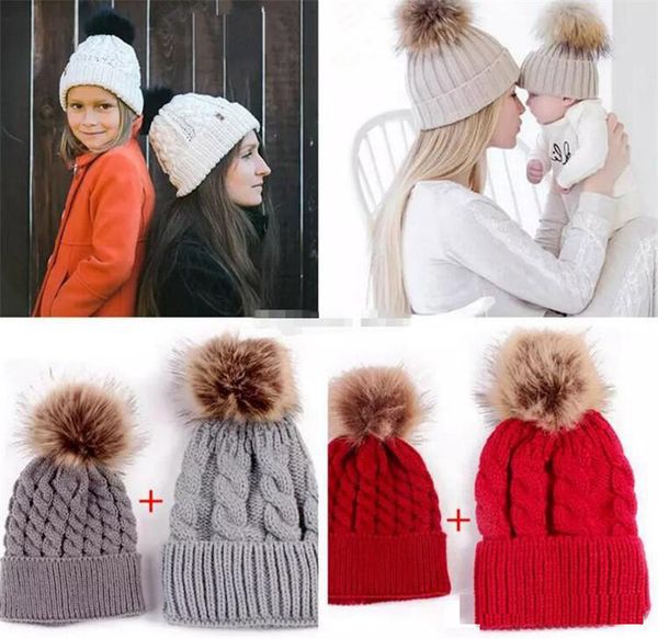 Мама и детские шапки зима теплая мальчиков девочек конопли шляпы Вязание крючком вязать Hairball Шапочка шапки шляпы Кубок
