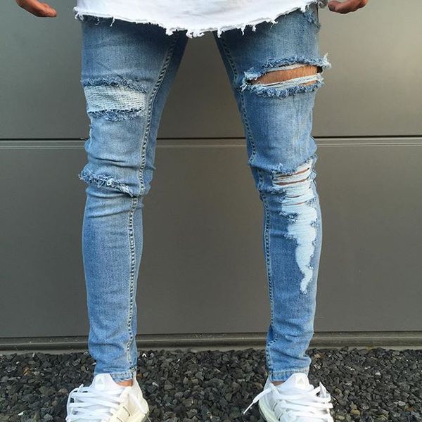

light blue men ripped jeans spring autumn holes distressed pencil pants fashion street trousers
