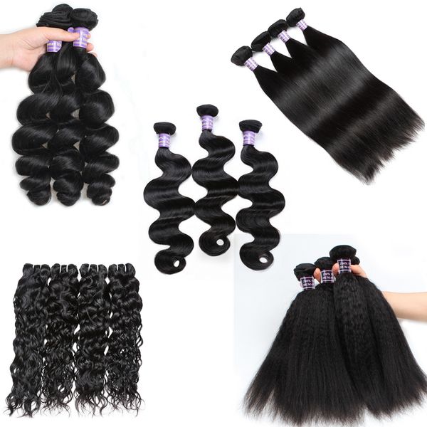 

brazilian kinky straight body loose deep water wave curly hair weft human hair bundles peruvian indian malaysian hair extensions, Black
