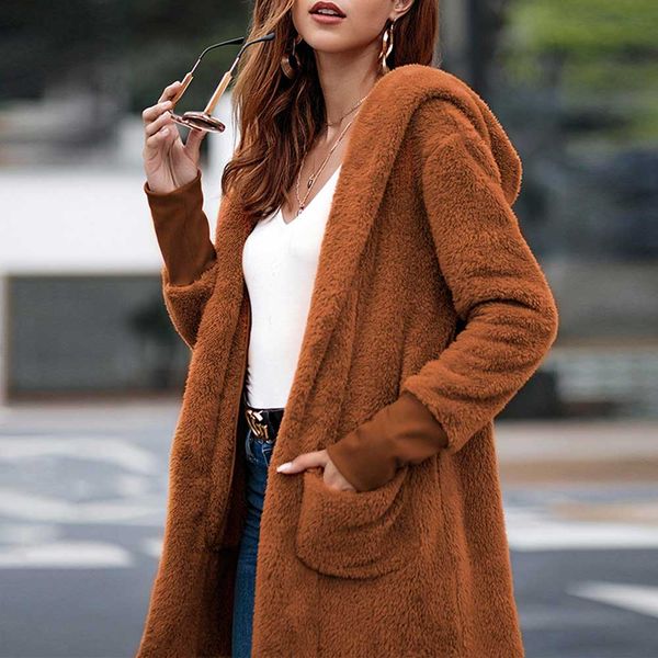 

зима искусственного меха пальто женщина смешать шинель soft outwear пальто длинным рукавом куртки карманы кардиган casaco feminino vkco2008, Black