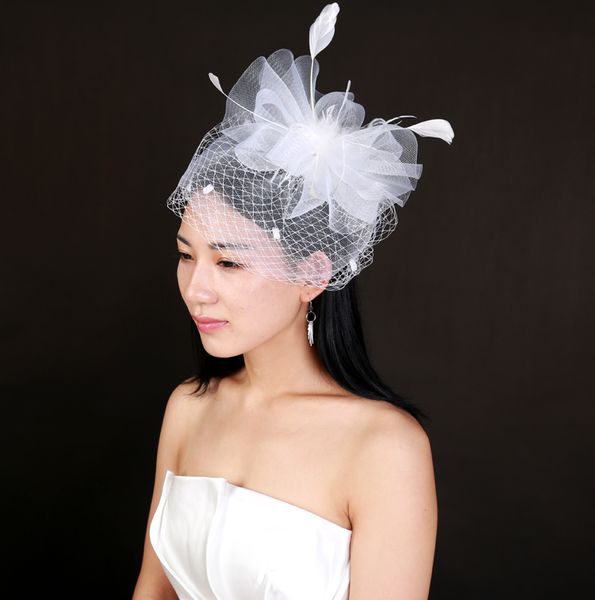 

new arrival feather tulle women hats for wedding party special occasion formal ladies tulle bridal feather fascinator, White