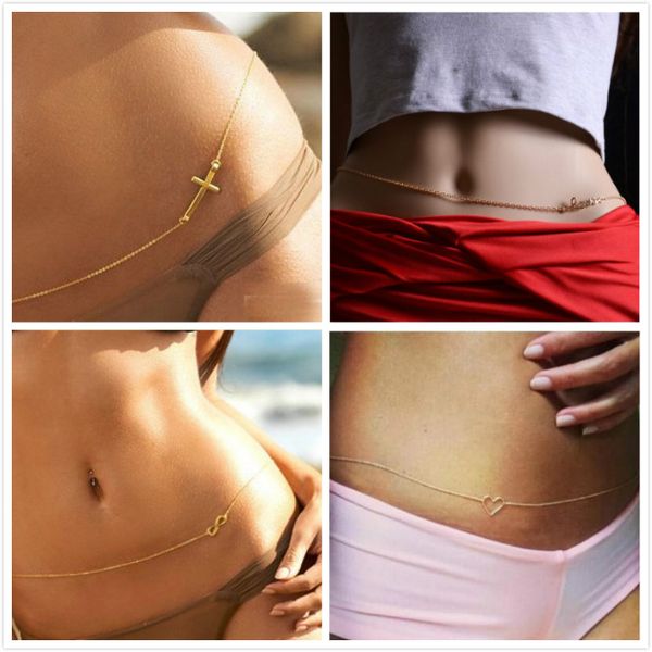 

women body belly waist chain slave harness bikini alloy body chain- love , hollow heart , lucky 8 , cross, Silver