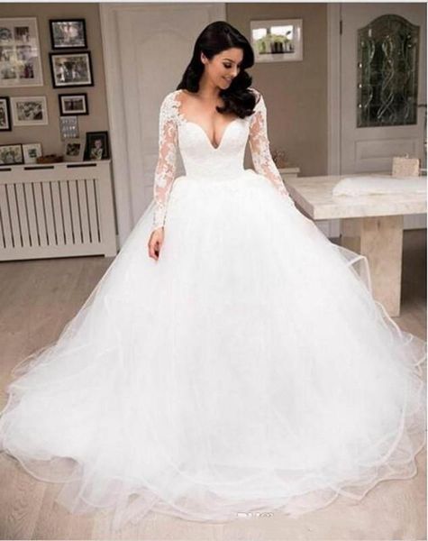 

V Neck Lace Wedding Dresses Long Sleeves Tulle Sweep Train A Line Long Bridal Wedding Gowns