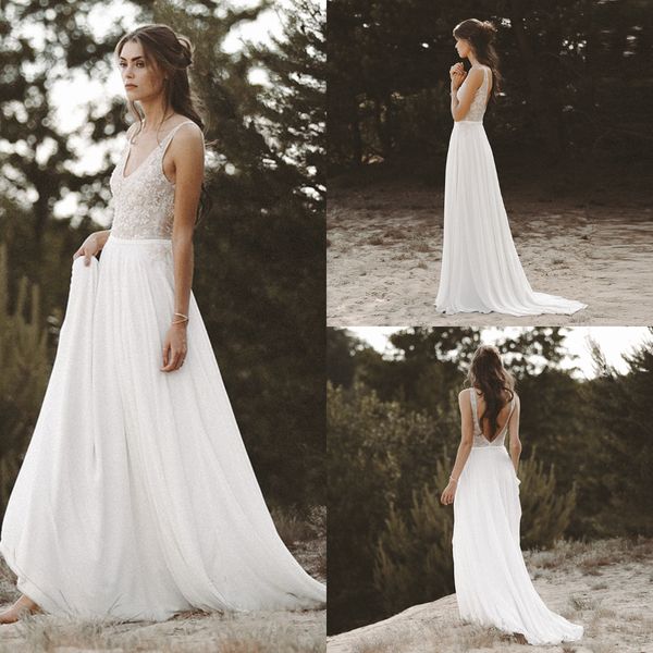 

кружева дешевые белые свадебные платья boho для beach garden совок шифон богемный страна свадебные платья для женщин сексуальный низкий спин, White