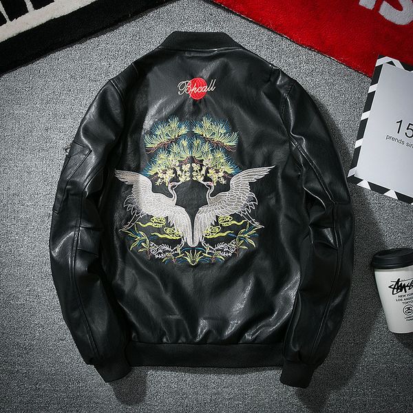 

new type men's korean character badge locomotive chinese style embroidery pu leather jacket trend male leather jacket, Black